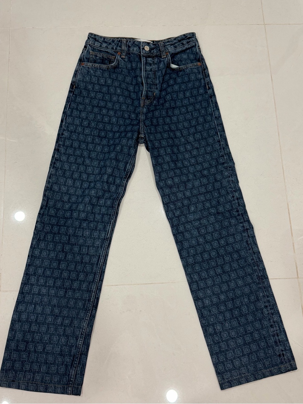Reformation Dark Blue Patterned Straight-Leg Jeans